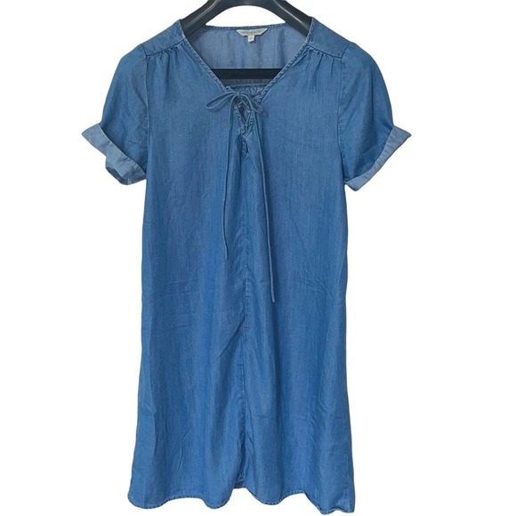 Lucky Brand Shift Dress Boho Blue Denim Lace Up V-Neck Short Sleeves Size S - Picture 1 of 4